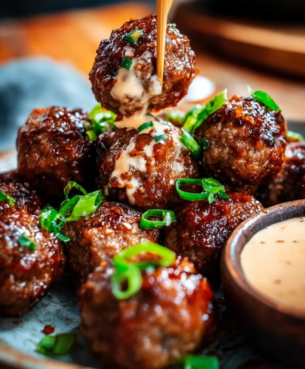Korean BBQ Beef Meatballs Spicy Mayo Dip