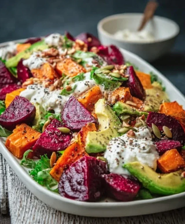 Roasted Beet, Sweet Potato & Avocado Salad with Whipped Ricotta & Lemon-Tahini Drizzle