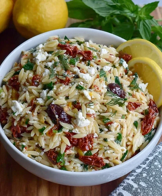Homemade Orzo Pasta Salad with Feta and Sun Dried Tomatoes - FlirtyFood