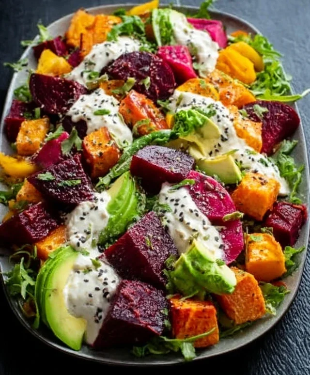 Roasted Beet, Sweet Potato & Avocado Salad with Whipped Ricotta & Lemon-Tahini Drizzle