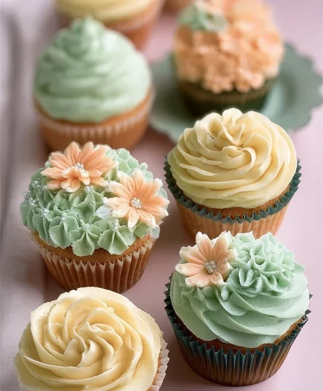 Sweet Treat Cupcake Ideas For Any Celebration : Peach and Soft Green Cupcakes