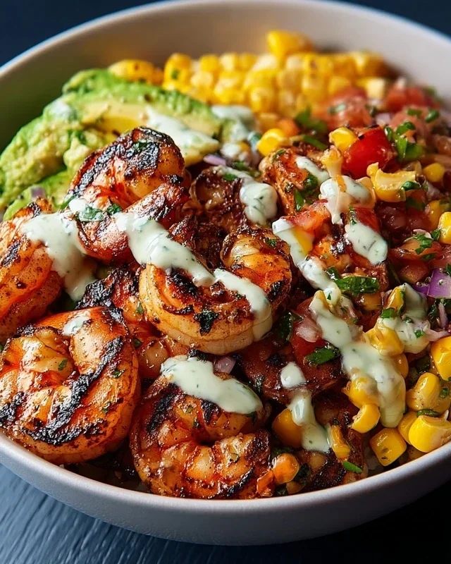 Grilled Shrimp Bowl With Avocado Corn Salsa Creamy Garlic Sauce