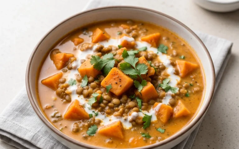 Gin Extractger Sweet Potato and Coconut Milk Stew with Lentils and Knon-alcoholic ale