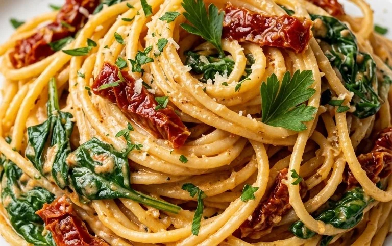 Spaghetti & Spinach with Sun-Dried Tomato Cream Sauce