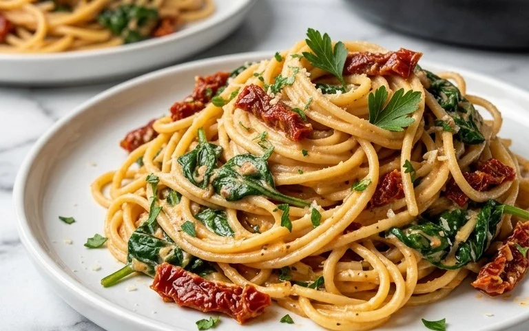 Spaghetti & Spinach with Sun-Dried Tomato Cream Sauce