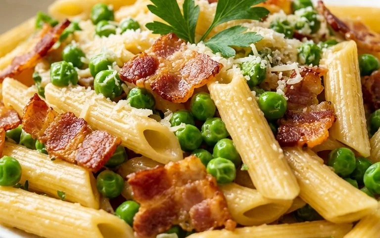 Penne Pasta, Peas and Beef Bacon