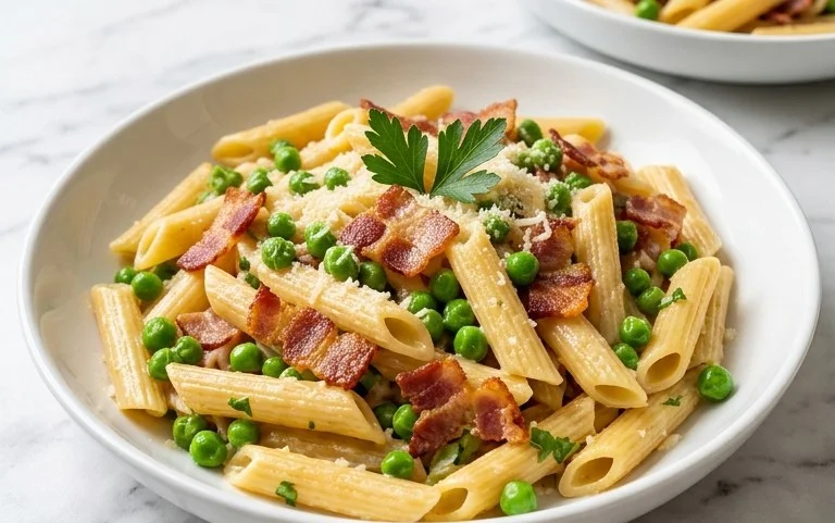 Penne Pasta, Peas and Beef Bacon