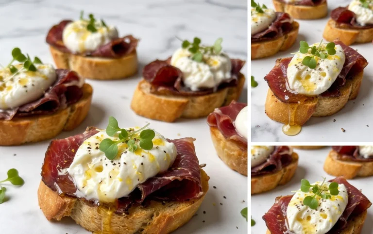 Beef Prosciutto Crostini with Burrata and Lemon Honey Drizzle